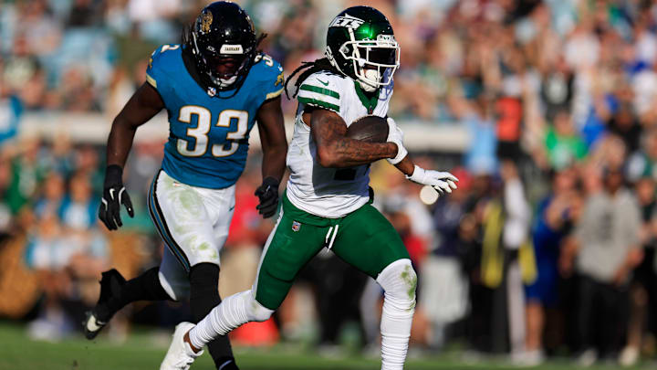 New York Jets wide receiver Davante Adams (17) scores a game-winning touchdown against Jacksonville Jaguars linebacker Devin Lloyd (33) during the fourth quarter Sunday, Dec. 15, 2024 at EverBank Stadium in Jacksonville, Fla. The Jets held off the Jaguars 32-25. [Corey Perrine/Florida Times-Union]