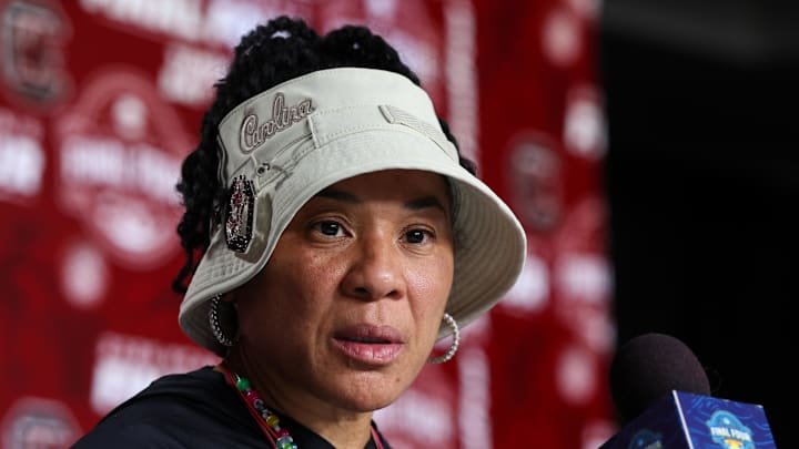 Apr 5, 2025; Tampa, FL, USA; South Carolina Gamecocks head coach Dawn Staley talks to media before practice at Amalie Arena. Mandatory Credit: Nathan Ray Seebeck-Imagn Images