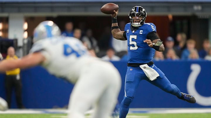 Indianapolis Colts quarterback Anthony Richardson (5) draws back for a pass Sunday, Nov. 24, 2024, during a game against the Detroit Lions at Lucas Oil Stadium in Indianapolis.
