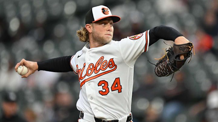 Apr 28, 2026; Baltimore, Maryland, USA;  Baltimore Orioles pitcher Shane Baz (34) pitches in the second inning against the Houston Astros at Oriole Park at Camden Yards. Mandatory Credit: Jamie Sabau-Imagn Images