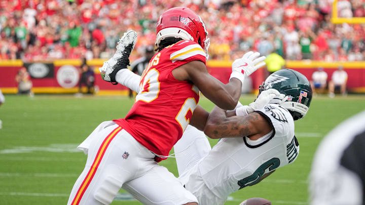 Sep 14, 2025; Kansas City, Missouri, USA; Philadelphia Eagles wide receiver DeVonta Smith (6) is unable to make a reception defended by Kansas City Chiefs cornerback Nohl Williams (20) during the third quarter of the game at GEHA Field at Arrowhead Stadium. Mandatory Credit: Denny Medley-Imagn Images