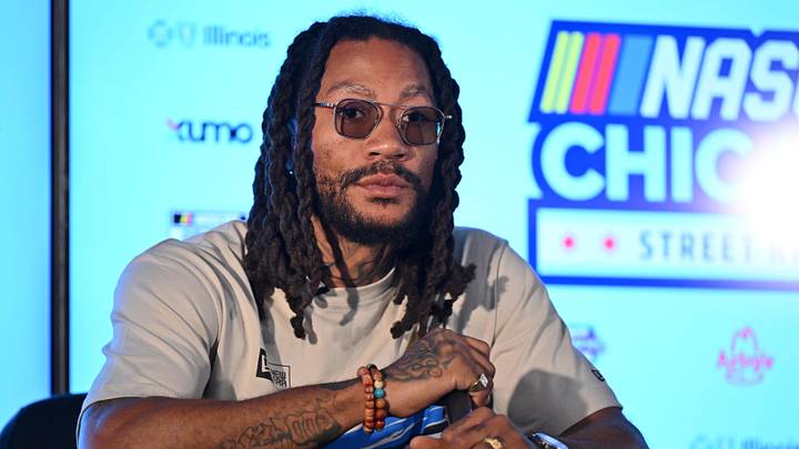 Jul 6, 2025; Chicago, Illinois, USA; Derrick Rose, grand marshal for the Chicago Stret Race, speaks talks to the media before the Grant Park 165 at Chicago Street Race. Mandatory Credit: Daniel Bartel-Imagn Images