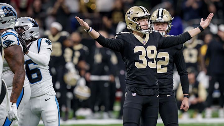 Dec 14, 2025; New Orleans, Louisiana, USA; New Orleans Saints kicker Charlie Smyth (39) celebrates after a field goal to win the game against the Carolina Panthers at Caesars Superdome. Mandatory Credit: Matthew Hinton-Imagn Images Dec 14, 2025; New Orleans, Louisiana, USA; New Orleans Saints kicker Charlie Smyth (39) celebrates after a field goal to win the game against the Carolina Panthers at Caesars Superdome. Mandatory Credit: Matthew Hinton-Imagn Images