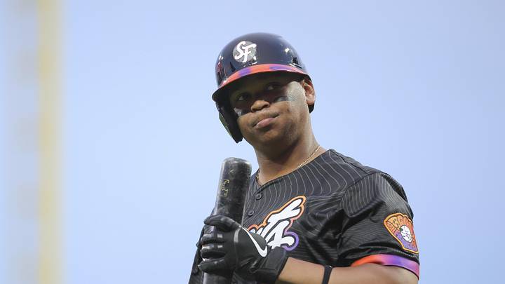 San Francisco, California, USA; San Francisco Giants designated hitter Rafael Devers (16) reacts after striking out to end the fifth inning leaving a runner on third base against the Philadelphia Phillies at Oracle Park. Mandatory Credit: Kelley L Cox-Imagn Images