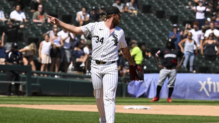 Jul 10, 2024; Chicago, Illinois, USA;  Chicago White Sox pitcher Michael Kopech (34) reacts after a game against the Minnesota Twins at Guaranteed Rate Field. Mandatory Credit: Matt Marton-USA TODAY Sports