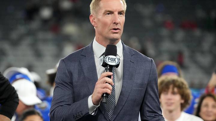 Jan 2, 2026; San Diego, CA, USA; Fox Sports broadcaster Joel Klatt emcees the Holiday Bowl trophy presentation at Snapdragon Stadium. Mandatory Credit: Kirby Lee-Imagn Images