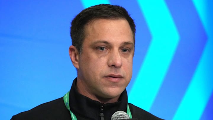 Feb 27, 2024; Indianapolis, IN, USA; Kansas City Chiefs general manager Brett Veach speaks during a press conference at the NFL Scouting Combine at Indiana Convention Center. Mandatory Credit: Kirby Lee-Imagn Images