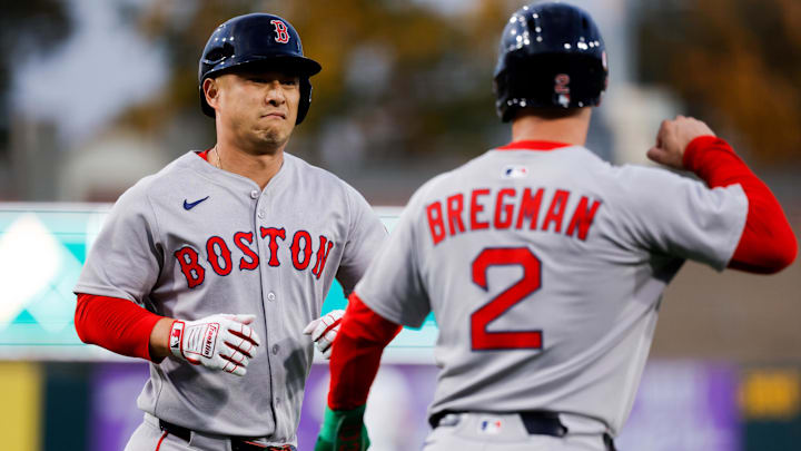 Sep 9, 2025; West Sacramento, California, USA; Boston Red Sox designated hitter Rob Refsnyder (30) celebrates with third baseman Alex Bregman (2) after hitting a three run home run during the first inning against the Athletics at Sutter Health Park. Mandatory Credit: Sergio Estrada-Imagn Images