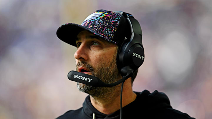 Oct 19, 2025; Minneapolis, Minnesota, USA; Philadelphia Eagles head coach Nick Sirianni looks on during the second half against the Minnesota Vikings at U.S. Bank Stadium. Mandatory Credit: Jeffrey Becker-Imagn Images