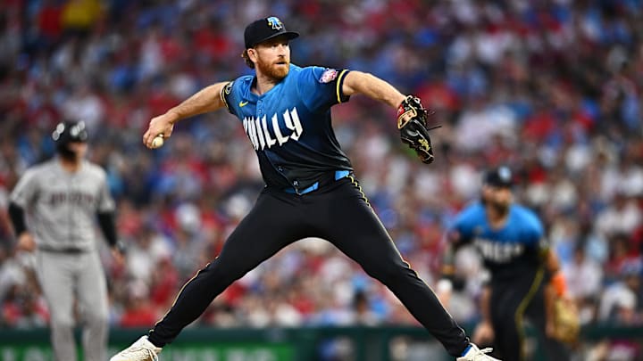 Jun 21, 2024; Philadelphia, Pennsylvania, USA; Philadelphia Phillies relief pitcher Spencer Turnbull (22) throws a pitch against the Arizona Diamondbacks in the fifth inning at Citizens Bank Park. Mandatory Credit: Kyle Ross-Imagn Images