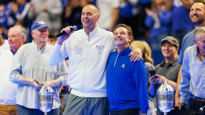 Oct 11, 2024; Lexington, KY, USA; Former Kentucky Wildcats head coach and current St. John's head coach Rick Pitino is introduced during Big Blue Madness at Rupp Arena at Central Bank Center. Mandatory Credit: Jordan Prather-Imagn Images