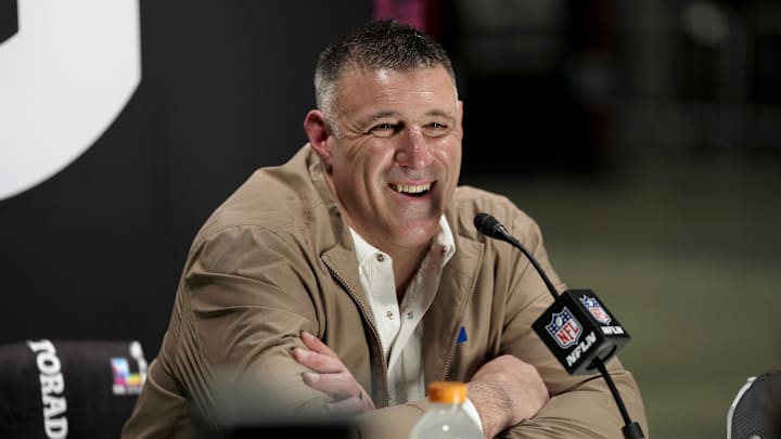 Feb 2, 2026; San Jose, CA, USA; New England Patriots head coach Mike Vrabel speaks to media during Opening Night for Super Bowl LX at San Jose Convention Center. Mandatory Credit: Kyle Terada-Imagn Images