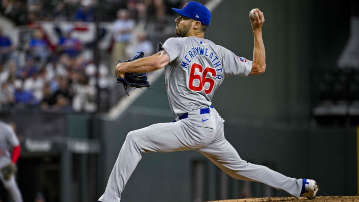 Mar 31, 2024; Arlington, Texas, USA; Chicago Cubs relief pitcher Julian Merryweather (66) pitches during the game between the Texas Rangers and the Chicago Cubs at Globe Life Field. Mar 31, 2024; Arlington, Texas, USA; Chicago Cubs relief pitcher Julian Merryweather (66) pitches during the game between the Texas Rangers and the Chicago Cubs at Globe Life Field.