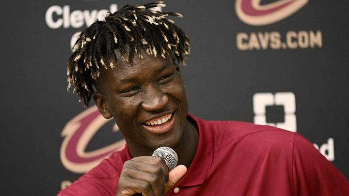 Jun 24, 2022; Independence, Ohio, USA; Cleveland Cavaliers second round draft pick Khalifa Diop talks to the media during a press conference introducing the first two draft picks of the Cavaliers at Cleveland Clinic Courts. Mandatory Credit: Ken Blaze-USA TODAY Sports Jun 24, 2022; Independence, Ohio, USA; Cleveland Cavaliers second round draft pick Khalifa Diop talks to the media during a press conference introducing the first two draft picks of the Cavaliers at Cleveland Clinic Courts. Mandatory Credit: Ken Blaze-USA TODAY Sports