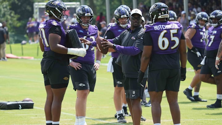 Jul 23, 2025; Owings Mills, MD, USA; Baltimore Ravens offensive line goes through drills during training camp at the Under Armour Performance Center. Mandatory Credit: Mitch Stringer-Imagn Images