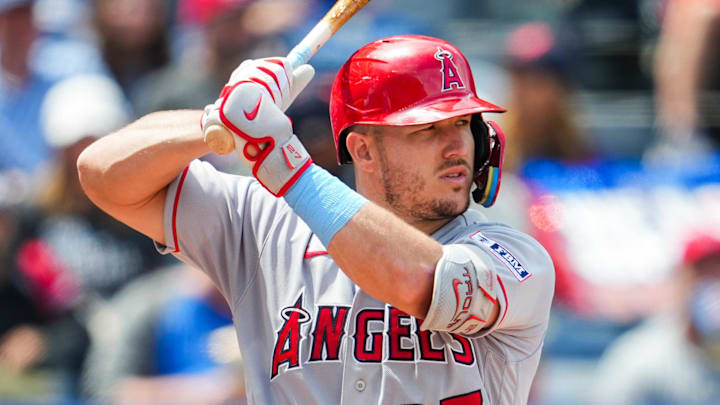 Jun 18, 2023; Kansas City, Missouri, USA; Los Angeles Angels center fielder Mike Trout (27) bats