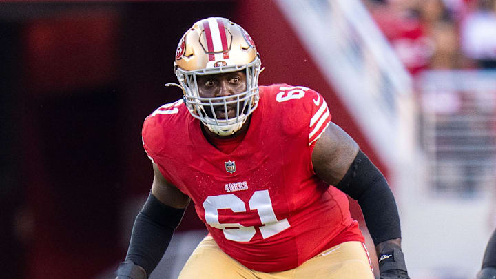 August 18, 2024; Santa Clara, California, USA; San Francisco 49ers offensive tackle Chris Hubbard (61) during the third quarter against the New Orleans Saints at Levi's Stadium. August 18, 2024; Santa Clara, California, USA; San Francisco 49ers offensive tackle Chris Hubbard (61) during the third quarter against the New Orleans Saints at Levi's Stadium.