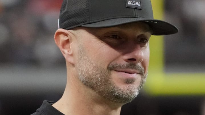 Jan 4, 2026; Paradise, Nevada, USA; Las Vegas Raiders general manager John Spytek reacts during the game against the Kansas City Chiefs at Allegiant Stadium. Mandatory Credit: Kirby Lee-Imagn Images