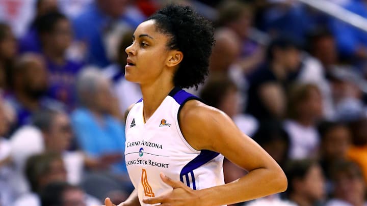 Sep 7, 2014; Phoenix, AZ, USA; Phoenix Mercury forward Candice Dupree (4) against the Chicago Sky during game one of the WNBA Finals at US Airways Center. The Mercury defeated the Sky 83-62. Mandatory Credit: Mark J. Rebilas-Imagn Images
