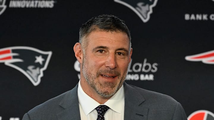 Jan 13, 2025; Foxborough, MA, USA; Mike Vrabel addresses media at a press conference at Gillette Stadium to announce his hiring as the New England Patriots head coach. Mandatory Credit: Eric Canha-Imagn Images