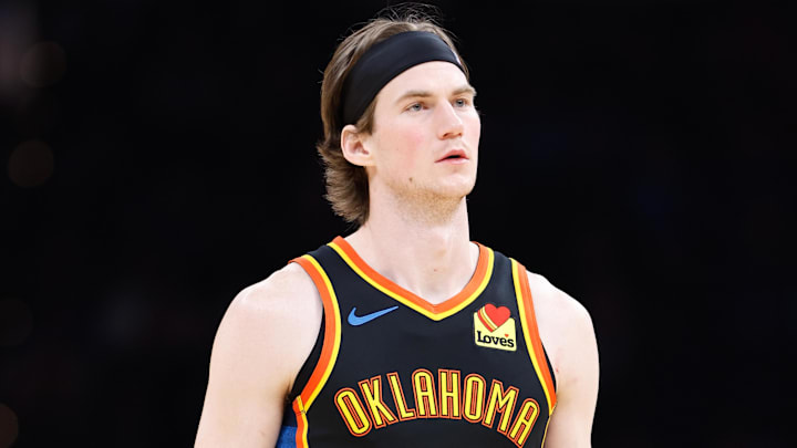 Jan 19, 2025; Oklahoma City, Oklahoma, USA; Oklahoma City Thunder center Branden Carlson (15) during the second half against the Brooklyn Nets at Paycom Center. Jan 19, 2025; Oklahoma City, Oklahoma, USA; Oklahoma City Thunder center Branden Carlson (15) during the second half against the Brooklyn Nets at Paycom Center.