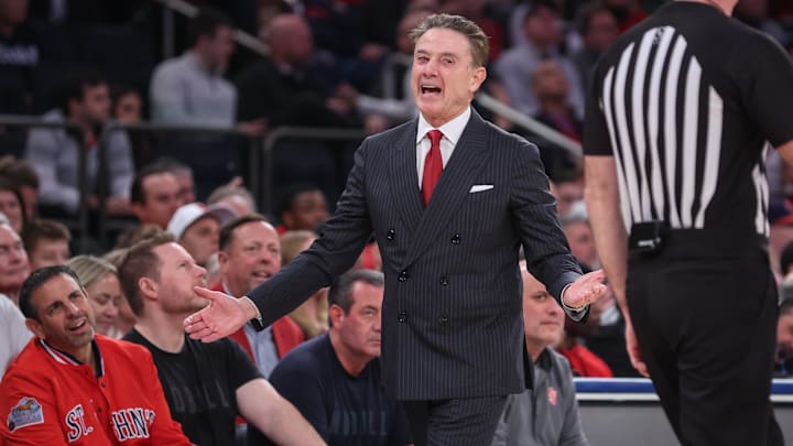 Feb 6, 2026; New York, New York, USA;  St. John's basketball head coach Rick Pitino argues with an official in the first half against the UConn Huskies at Madison Square Garden. 