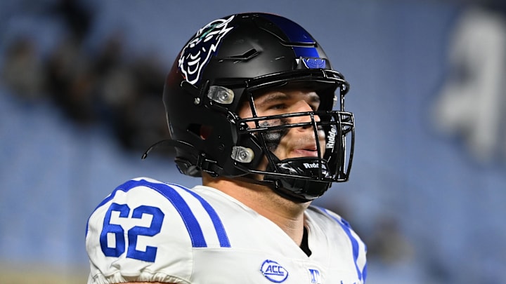 Nov 11, 2023; Chapel Hill, North Carolina, USA; Duke Blue Devils offensive lineman Graham Barton (62) before the game at Kenan Memorial Stadium. Mandatory Credit: Bob Donnan-Imagn Images