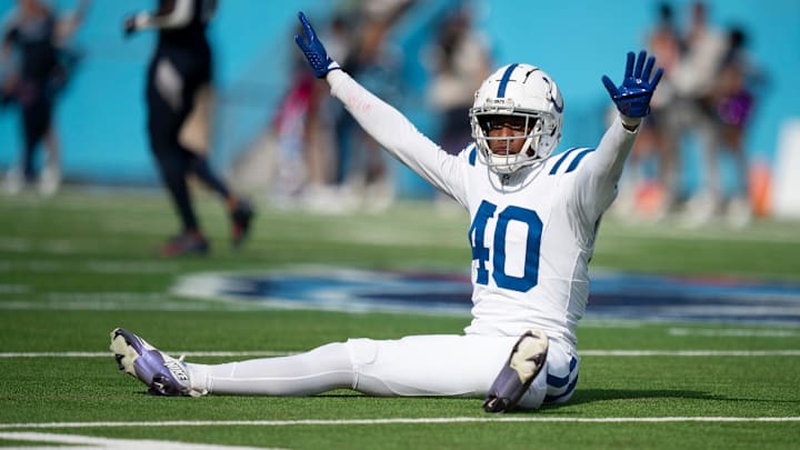 Indianapolis Colts cornerback Jaylon Jones (40) celebrates breaking up a Tennessee Titans pass in the fourth quarter of their game at Nissan Stadium in Nashville, Tenn., Monday, Oct. 14, 2024.