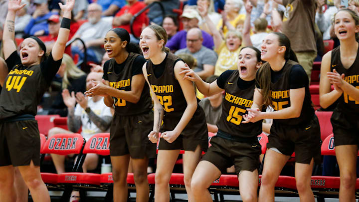 The Kickapoo Lady Chiefs celebrate as time ticks away in their victory over the Nixa Lady Eagles in the Class 6 District 5 title game at Ozark High School on Tuesday, March 11, 2025.