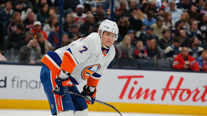 Apr 17, 2025; Columbus, Ohio, USA; New York Islanders right wing Maxim Tsyplakov (7) against the Columbus Blue Jackets during the second period at Nationwide Arena. Mandatory Credit: Russell LaBounty-Imagn Images