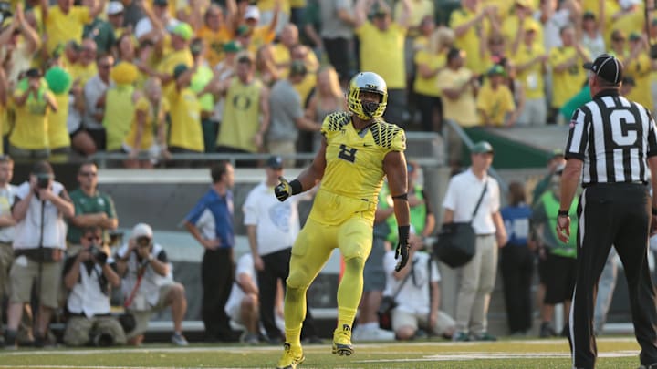 Sep 6, 2014; Eugene, OR, USA; Oregon Ducks defensive lineman Arik Armstead (9) celebrates a sack.