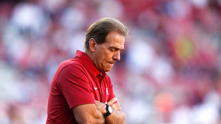 Coach Nick Saban watches his Crimson Tide players warm up before Alabama's 49-30 win over the Razorbacks in Fayetteville Saturday, October 8, 2016. Staff Photo/Gary Cosby Jr.