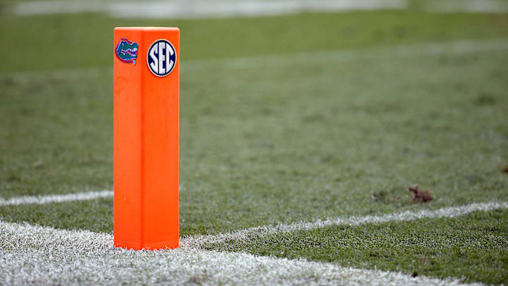 Sep 16, 2017; Gainesville, FL, USA; A detailed view of the end zone pylon with a Florida Gators and