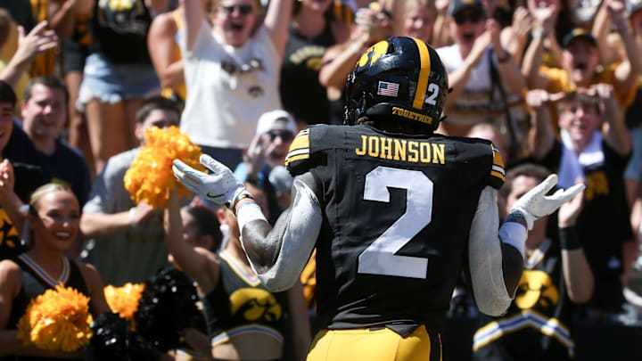 Iowa’s Kaleb Johnson (2) poses after scoring against Illinois State Saturday, Aug. 31, 2024 at Kinnick Stadium in Iowa City, Iowa.