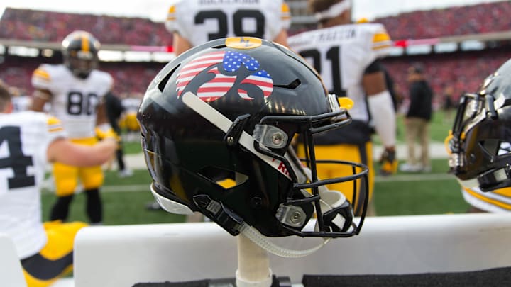 Nov 11, 2017; Madison, WI, USA; An Iowa Hawkeyes helmet during the game against the Wisconsin Badgers at Camp Randall Stadium. Mandatory Credit: Jeff Hanisch-Imagn Images