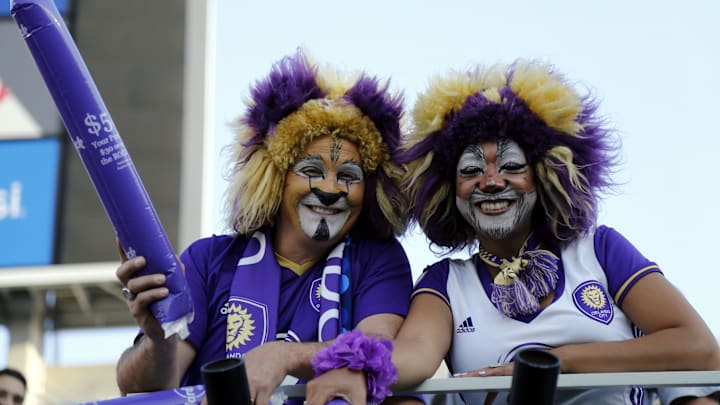 May 6, 2016; Orlando, FL, USA; Orlando City SC fans dress up as lions during the first half against the New York Red Bulls at Camping World Stadium. Mandatory Credit: Kim Klement-Imagn Images
