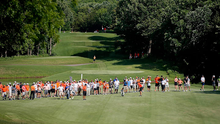 Fans watch Oklahoma State's Matthew Wolff during the final round of the 2018 NCAA Division I Men's Golf Championships at Karsten Creek Golf Club in Stillwater, Okla., Wednesday, May 30, 2018. Photo by Bryan Terry, The Oklahoman

Karsten3