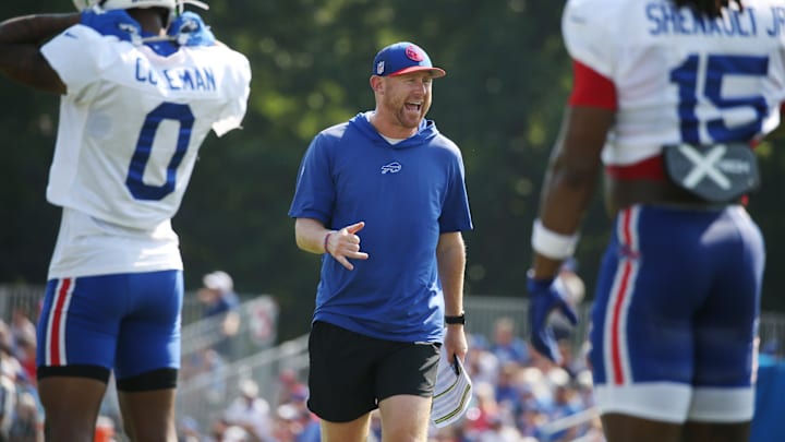 Bills offensive coordinator Joe Brady gives instructions during drills at St. John Fisher University Tuesday, July 29, 2025 in Pittsford, NY.