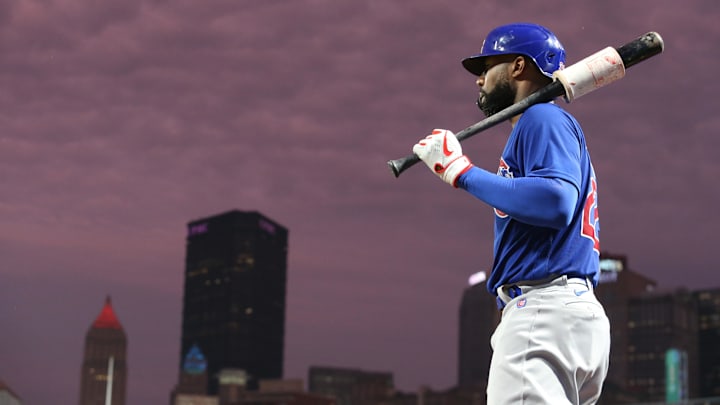 Jun 22, 2022; Pittsburgh, Pennsylvania, USA;  Chicago Cubs right fielder Jason Heyward (22) in the on-deck circle against the Pittsburgh Pirates during the seventh inning at PNC Park.