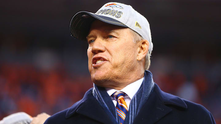 Jan 24, 2016; Denver, CO, USA; Denver Broncos general manager John Elway celebrates after defeating the New England Patriots in the AFC Championship football game at Sports Authority Field at Mile High. 