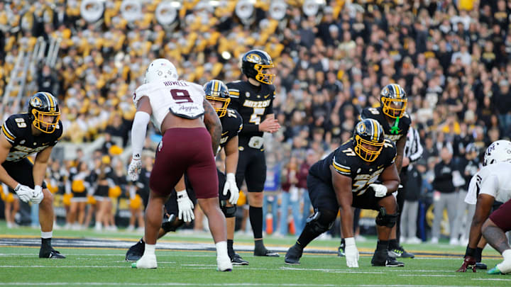 Nov 8, 2025; Columbia, Missouri, USA; Missouri Tigers quarterback Matt Zollers waits for a snap in the Missouri matchup against Texas A&M at Faurot Field.
