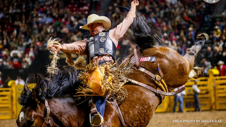 Brody Cress' third matchup with Corey & Lange bucking horse Monster at the Basin City Freedom Rodeo over the weekend produced another winning-effort of 87.5 points, just like this ride at the 2023 NFR. 