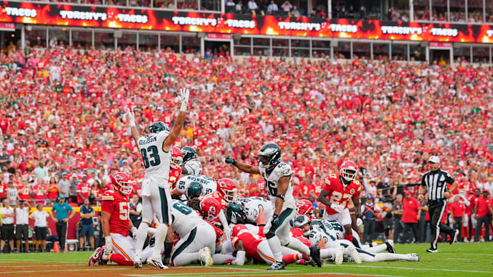 Sep 14, 2025; Kansas City, Missouri, USA; The Philadelphia Eagles celebrate after scoring a touchdown against the Kansas City Chiefs during the fourth quarter of the game at GEHA Field at Arrowhead Stadium. Mandatory Credit: Jay Biggerstaff-Imagn Images Sep 14, 2025; Kansas City, Missouri, USA; The Philadelphia Eagles celebrate after scoring a touchdown against the Kansas City Chiefs during the fourth quarter of the game at GEHA Field at Arrowhead Stadium. Mandatory Credit: Jay Biggerstaff-Imagn Images