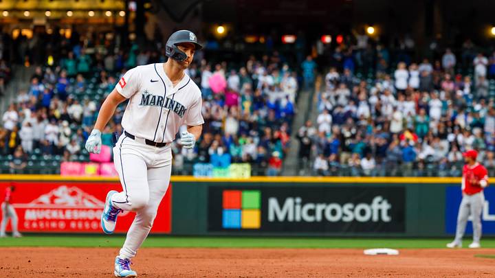 Jun 29, 2026; Seattle, Washington, USA; Seattle Mariners designated hitter Dominic Canzone (8) runs the bases after hitting a solo-home run against the Los Angeles Angels during the sixth inning at T-Mobile Park. Mandatory Credit: Joe Nicholson-Imagn Images
