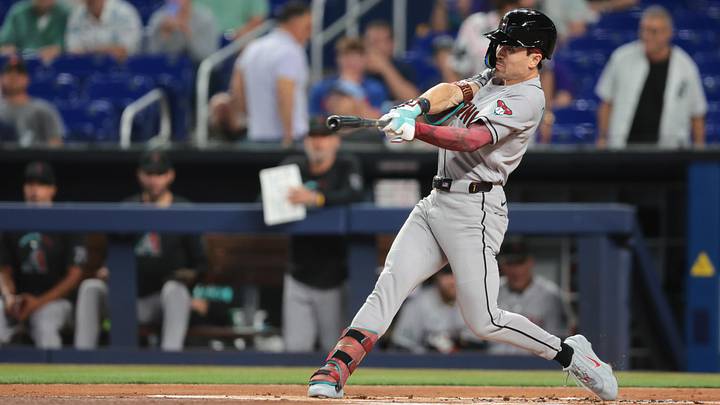 Jun 9, 2026; Miami, Florida, USA; Arizona Diamondbacks right fielder Corbin Carroll (7) hits a solo home run against the Miami Marlins during the first inning at loanDepot Park. Mandatory Credit: Sam Navarro-Imagn Images