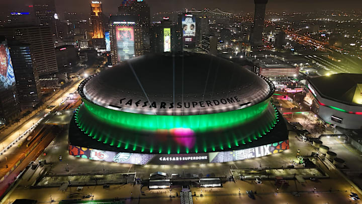 Feb 10, 2025; New Orleans, LA, USA; A general overall view of the Caesars Superdome illuminated in green after the Philadelphia Eagles victory over the Kansas City Chiefs in Super Bowl LIX. Mandatory Credit: Kirby Lee-Imagn Images Feb 10, 2025; New Orleans, LA, USA; A general overall view of the Caesars Superdome illuminated in green after the Philadelphia Eagles victory over the Kansas City Chiefs in Super Bowl LIX. Mandatory Credit: Kirby Lee-Imagn Images