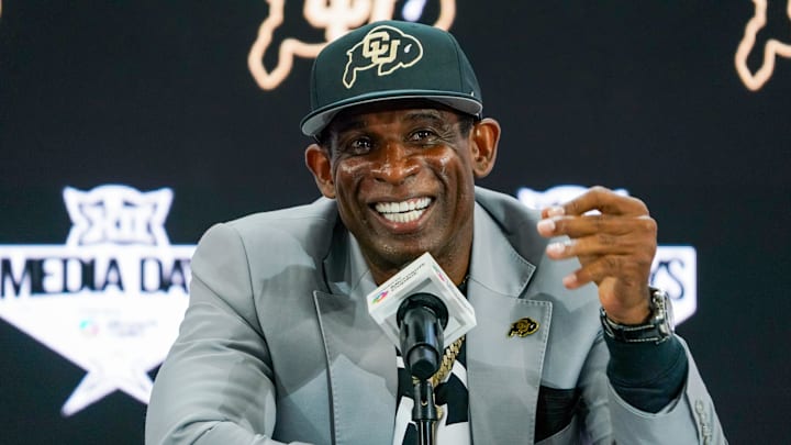 Jul 9, 2025; Frisco, TX, USA; Colorado head coach Deion Sanders speaks with the media during 2025 Big 12 Football Media Days at The Star.
