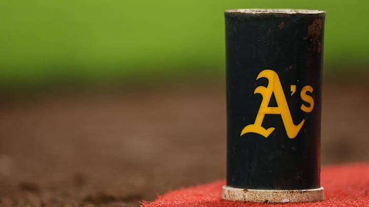 Aug 28, 2024; Cincinnati, Ohio, USA; A general view of the Oakland Athletics batting equipment during the seventh inning in the game against the Cincinnati Reds at Great American Ball Park. Mandatory Credit: Katie Stratman-Imagn Images Aug 28, 2024; Cincinnati, Ohio, USA; A general view of the Oakland Athletics batting equipment during the seventh inning in the game against the Cincinnati Reds at Great American Ball Park. Mandatory Credit: Katie Stratman-Imagn Images