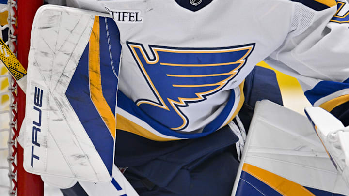 Mar 2, 2025; Dallas, Texas, USA; A view of the logo on the jersey of St. Louis Blues goaltender Jordan Binnington (50) during the game between the Dallas Stars and the St. Louis Blues at the American Airlines Center. Mandatory Credit: Jerome Miron-Imagn Images