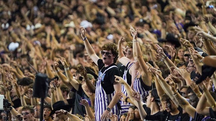 Oct 4, 2025; Fort Worth, Texas, USA; The TCU student section during the first half of a game between the TCU Horned Frogs and the Colorado Buffaloes at Amon G. Carter Stadium. Mandatory Credit: Raymond Carlin III-Imagn Images Oct 4, 2025; Fort Worth, Texas, USA; The TCU student section during the first half of a game between the TCU Horned Frogs and the Colorado Buffaloes at Amon G. Carter Stadium. Mandatory Credit: Raymond Carlin III-Imagn Images
